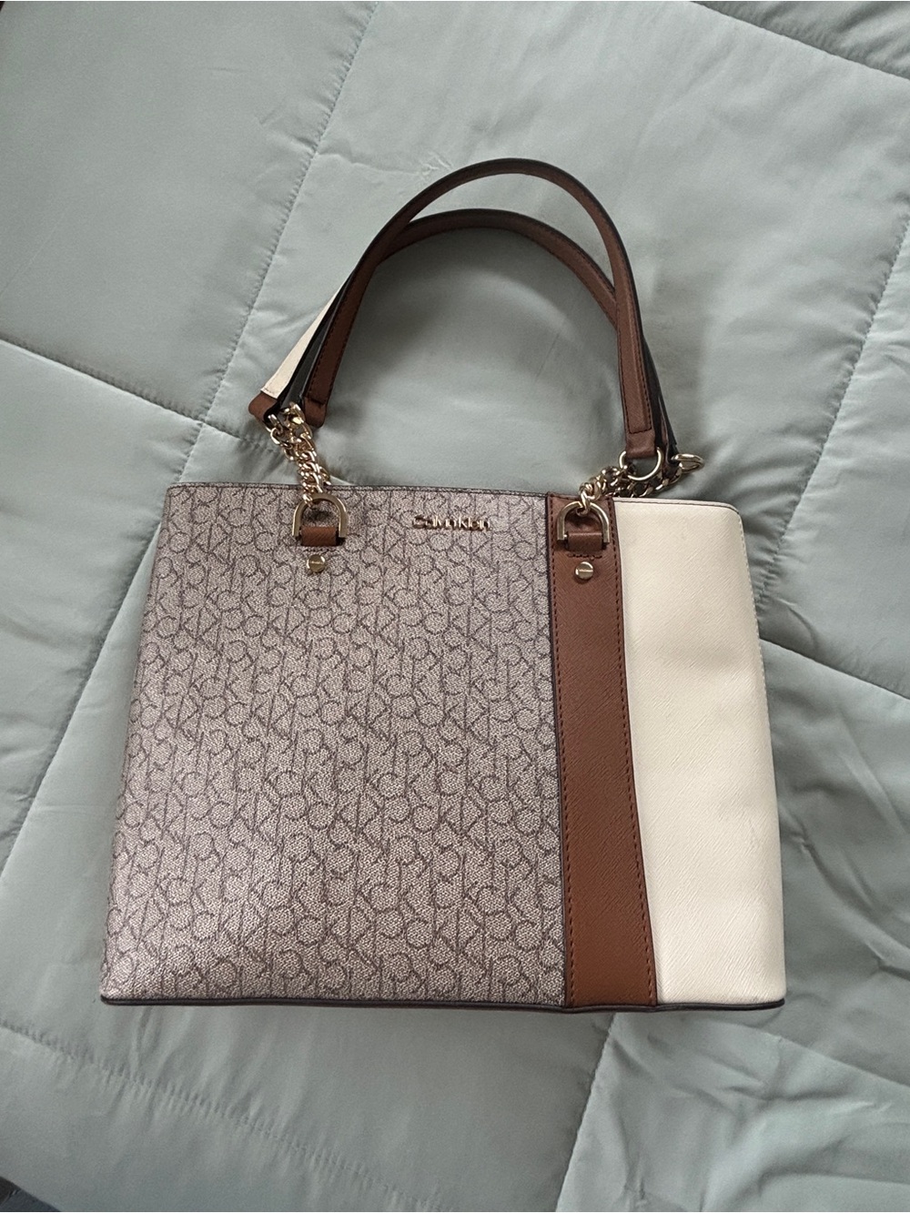 Calvin Klein Monogram Tote in Brown, Cream, and White
